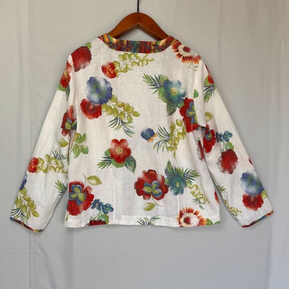 Chico's 100% Linen Ivory Water Color Floral Tie Front Long Sleeve Top Size M - Picture 8 of 13